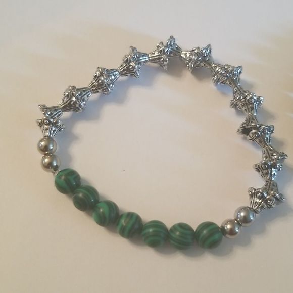 Mens 2 Pc. Green Malachite & Silverplated Expansion Bracelets Custom Made 8" - Picture 3 of 15